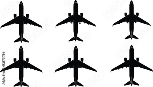 Airplane silhouette top view icon set isolated on white background, commercial jet aircraft shapes collection for aviation design, air travel concepts, transportation graphics