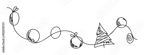 Minimalist continuous line drawing of festive Christmas garland with ornaments and a tree, ideal for seasonal greetings, holiday promotions, and winter event invitations.