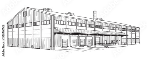 Detailed black and white line drawing of a large industrial warehouse building with multiple loading docks suitable for business and logistics presentations