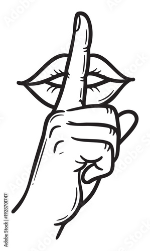 An expressive line drawing featuring a hand making a universal silence gesture with a finger on lips, suitable for conveying a need for quiet or discretion in various visual communications.