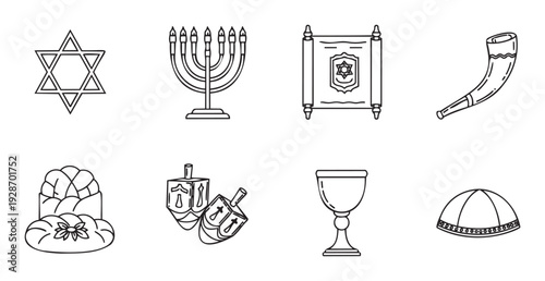Comprehensive set of essential Jewish heritage and religious symbols line icons, including sacred objects and traditional items, ideal for educational content, spiritual events, and