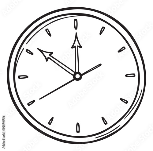 Simple black and white doodle style clock with hands indicating the time on a round dial ideal for conveying ideas about planning managing time and tracking progress