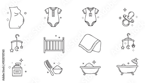 Essential newborn items collection depicting maternity symbols and infant accessories perfect for childrens health resources and baby product advertising.