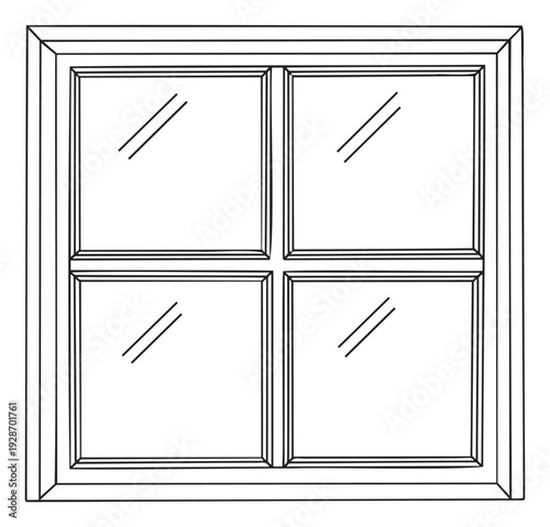 Simple line drawing of a classic four pane window with a prominent frame, perfect for architectural design layouts, construction project visual aids, or contemporary home decoration concepts