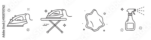 Everyday household chores and garment pressing tools like a modern electric iron, an ironing board, wrinkled textile, and a water spray bottle for home management and clothing maintenance.