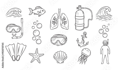Illustrative line drawing set featuring ocean waves, diverse marine animals, essential scuba diving equipment, and human lungs, perfect for educational resources, aquatic themes, and