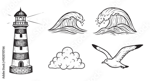 Black and white hand drawn marine elements featuring a striped lighthouse, powerful ocean waves, a fluffy cloud, and a flying seagull for nautical themed projects and decoration