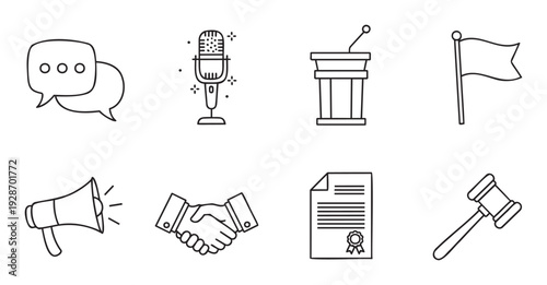 Essential black outline icons representing diverse topics such as public speaking, legal agreements, communication, political systems, and civic engagement for modern applications.