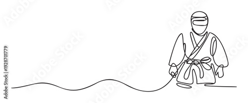 A continuous single line drawing depicts a martial artist in a uniform performing a seated pose, symbolizing discipline and focus for sports and wellness related promotional materials.