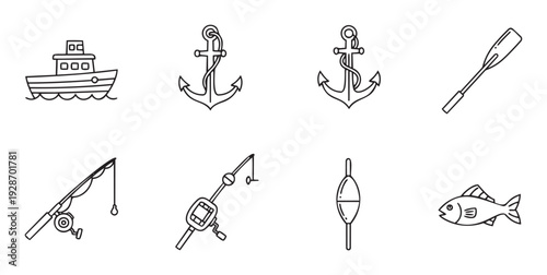 Collection of simple black outline marine and fishing related icons including a boat, anchors, oar, fishing rods, float, and fish, perfect for travel and hobby applications