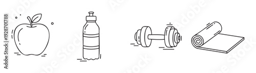Essential fitness and nutrition items including a fresh apple, a refreshing water bottle, a heavy dumbbell, and a comfortable yoga mat for a healthy lifestyle and exercise regimen.