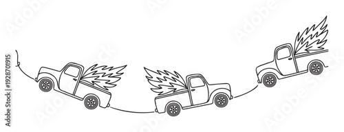 Elegant single line drawing depicting charming antique trucks with spirited Christmas trees in their beds, suitable for festive season marketing and joyous December designs.