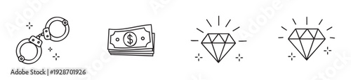Collection of essential line icons depicting law enforcement handcuffs, stacked currency, and valuable shining diamonds for various business, economic, or legal presentations and