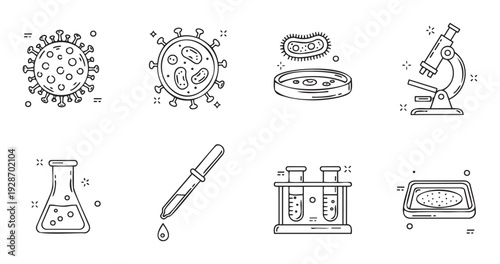 Set of microbiology and laboratory science icons representing essential elements like viruses, bacteria, petri dishes, microscopes, and test tubes for educational and medical graphic use.