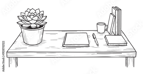 A cozy and organized desk setup featuring a succulent plant, stack of books, pen, mug, and a closed journal, perfect for illustrating a workspace, studying, or home office environment.
