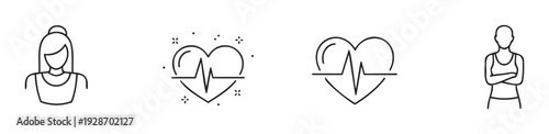 A collection of modern line icons representing womens health and physical fitness, including active female figures and essential heartbeat pulse rate monitor symbols, perfect for health