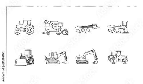 A collection of essential heavy duty farm and construction machinery presented in a clean outline style, perfect for educational materials, industrial diagrams, or agricultural project