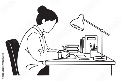 Focused individual concentrating on writing and learning at a study desk equipped with books and a task lamp, suitable for academic or professional productivity themes.
