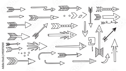 Collection of handdrawn doodle arrows in diverse styles and orientations perfect for adding navigational pointers or decorative elements to creative projects and digital media.