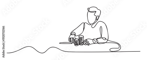 Simple continuous line drawing of a person at a table with stacked coins or poker chips, symbolizing finance, gambling, investment, or banking activities, suitable for modern digital