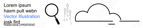 Business analytics, cloud technology, innovation, data processing, network solutions, growth strategies. Magnifying glass, arrows and cloud illustration. Business analytics and cloud technology