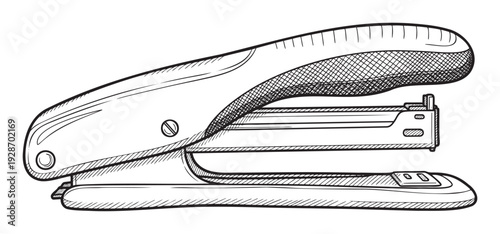 A classic stationery stapler depicted in a detailed sketch style, perfect for office supply catalogs, educational materials, or graphic projects requiring a traditional handdrawn aesthetic.