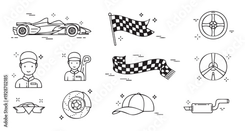 Browse an essential collection of racing sport icons showcasing a highspeed race car, victory checkered flag, professional racing driver, and various car parts for automotive and
