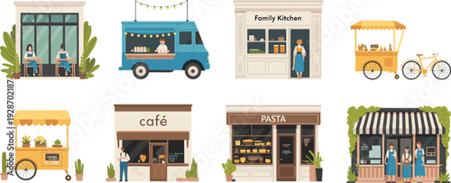 ector illustration of diverse food and beverage establishments including cafés, restaurants, food trucks, and market stalls showcasing local eateries and street food concept