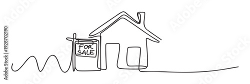 Minimalist continuous line drawing of a house with a FOR SALE sign, perfect for real estate advertisements, property market news, or residential housing promotions.