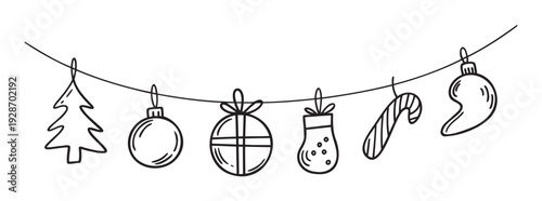 Hand drawn Christmas garland featuring various holiday ornaments including a tree, bauble, gift box, stocking, candy cane, ideal for festive greetings and seasonal event promotions.