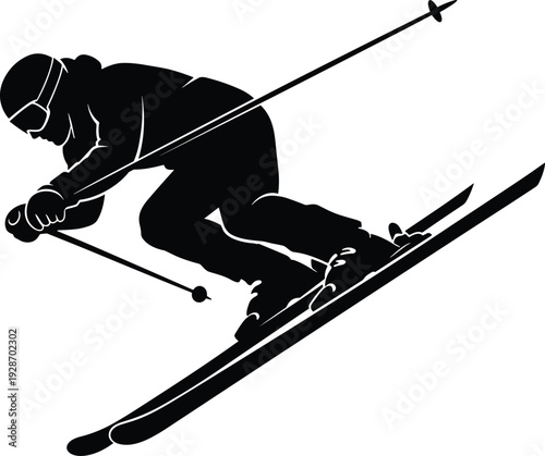 Alpine skier downhill action vector illustration, dynamic winter sports silhouette isolated on white background for competition, training, adventure, and outdoor design use