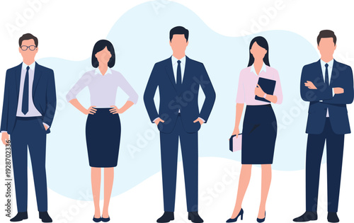 ector illustration of five business professionals in formal attire standing together against abstract background symbolizing teamwork, corporate culture, collaboration, and workplace unity