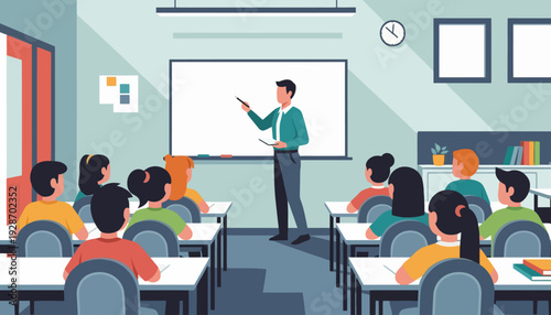 A diverse group of students attentively listen to their teacher in a brightly lit classroom, highlighting the importance of education and learning