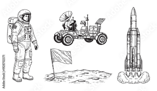 Astronaut, lunar rover, rocket, and moon landing scene depict essential elements of human space exploration for educational and scientific graphic resources