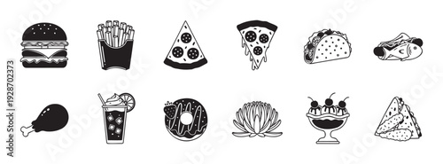 Selection of delicious black and white food and dessert icons featuring savory meals sweet snacks and refreshing drinks ideal for modern restaurant menus culinary blogs or mobile