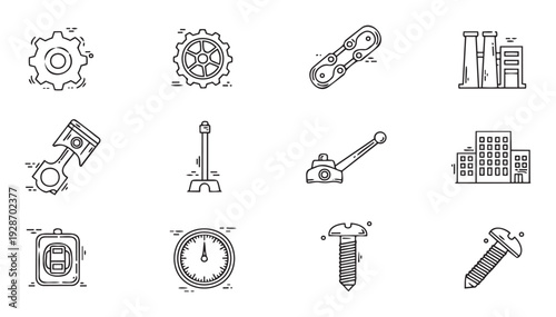 Collection of line art industrial and mechanical engineering icons including gears, pistons, factory buildings, tools, and measurement gauges, perfect for technology websites and business