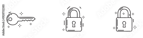 Secure digital access symbols featuring a key and two padlocks for cybersecurity applications, password management interfaces, and data protection services