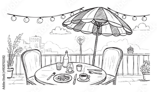 Sketch drawing of an outdoor rooftop restaurant setting with dining table, chairs, umbrella, and city view, suitable for hospitality promotions and lifestyle publications.