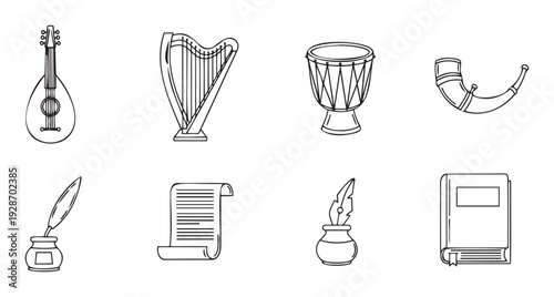 Line icons of historical musical instruments lute, harp, drum, horn, and ancient writing tools quill, inkwell, scroll, book, perfect for educational and cultural heritage media