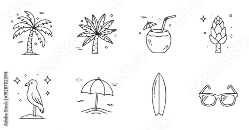 Tropical vacation icons for travel websites and holiday advertisements featuring palm trees, refreshing drinks, beach activities, and summery accessories to enhance destination marketing.