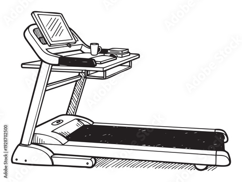 A modern workout treadmill featuring a display screen, a refreshment mug, and reading books on its console, perfect for showcasing home exercise routines and active healthy living.