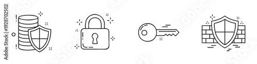 Outline icons set representing financial data protection, digital access solutions, and robust system security for modern business applications and cybersecurity concepts.