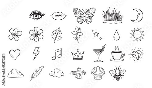 A comprehensive collection of hand drawn doodle style icons including nature, weather, objects, and emotions perfect for stickers, craft projects, or digital media content