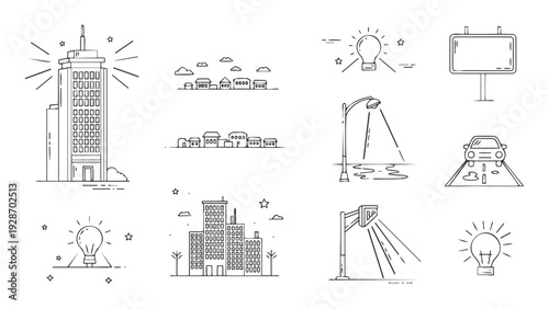Outline vector icons portraying city life with various buildings light bulbs and street lamps ideal for urban planning conceptual graphics or modern user interface applications