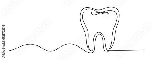 Minimalist continuous line drawing of a human tooth illustrating dental health and medical care principles suitable for clinic branding or educational purposes.