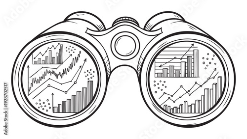 Outline drawing of binoculars with various financial charts and graphs inside the lenses representing business vision and market analysis for strategic planning and economic forecasting