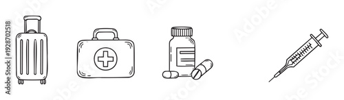 Line style icons depicting vital health and travel commodities such as a first aid kit, medicine container, pills, a syringe, and travel luggage, suitable for medical, tourism, and wellness