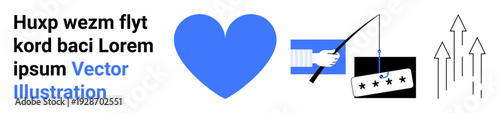 Business success, customer feedback, branding, marketing strategies, customer relationships, service quality. Blue heart, hand holding a rating card upward arrows. Business growth and customer