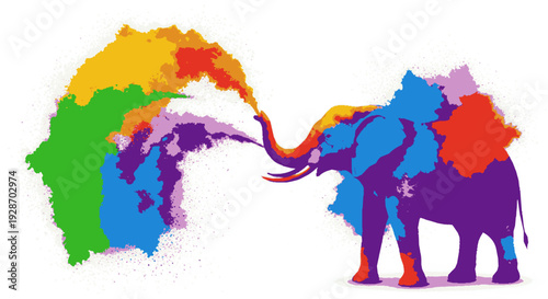 Vibrant multicolored elephant spraying rainbow colors from trunk on white background