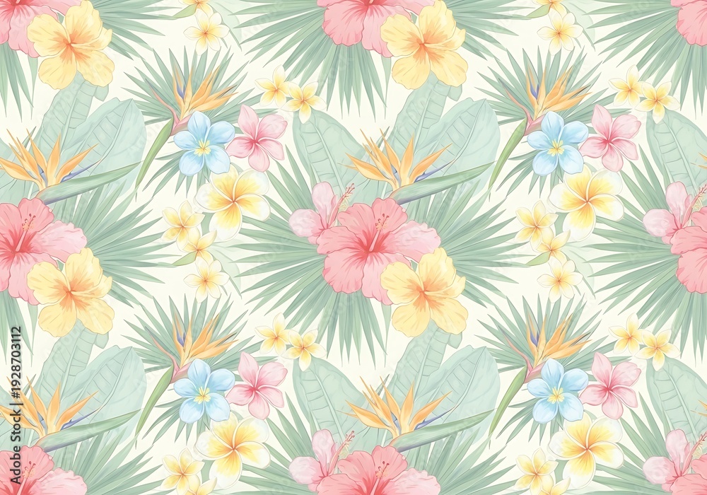 Fototapeta premium Exotic floral pattern featuring hibiscus, plumeria and bird of paradise